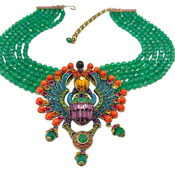 Heidi Daus Far Cry From Shy 6 Strand Green & Coral Bead Crystal Scarab Necklace - Picture 5 of 12